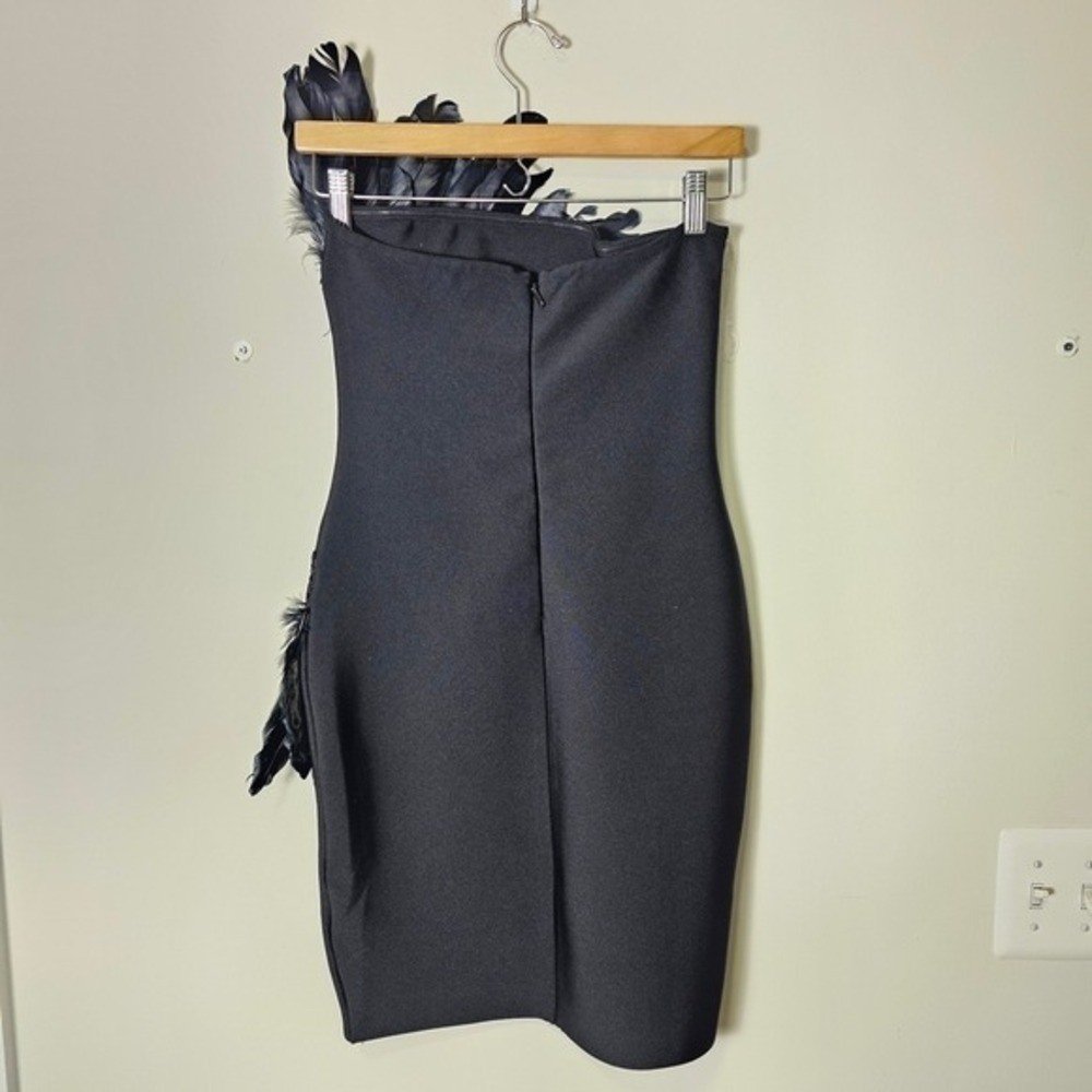 Black Feathered Mini Dress Bodycon Going Out Holiday LBD Party Stretch Small ~ - Picture 2 of 9